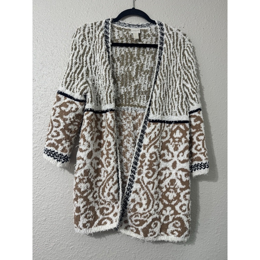 Chicos Large Boho Leopard Open Sweater Stretch Cardigan Knit